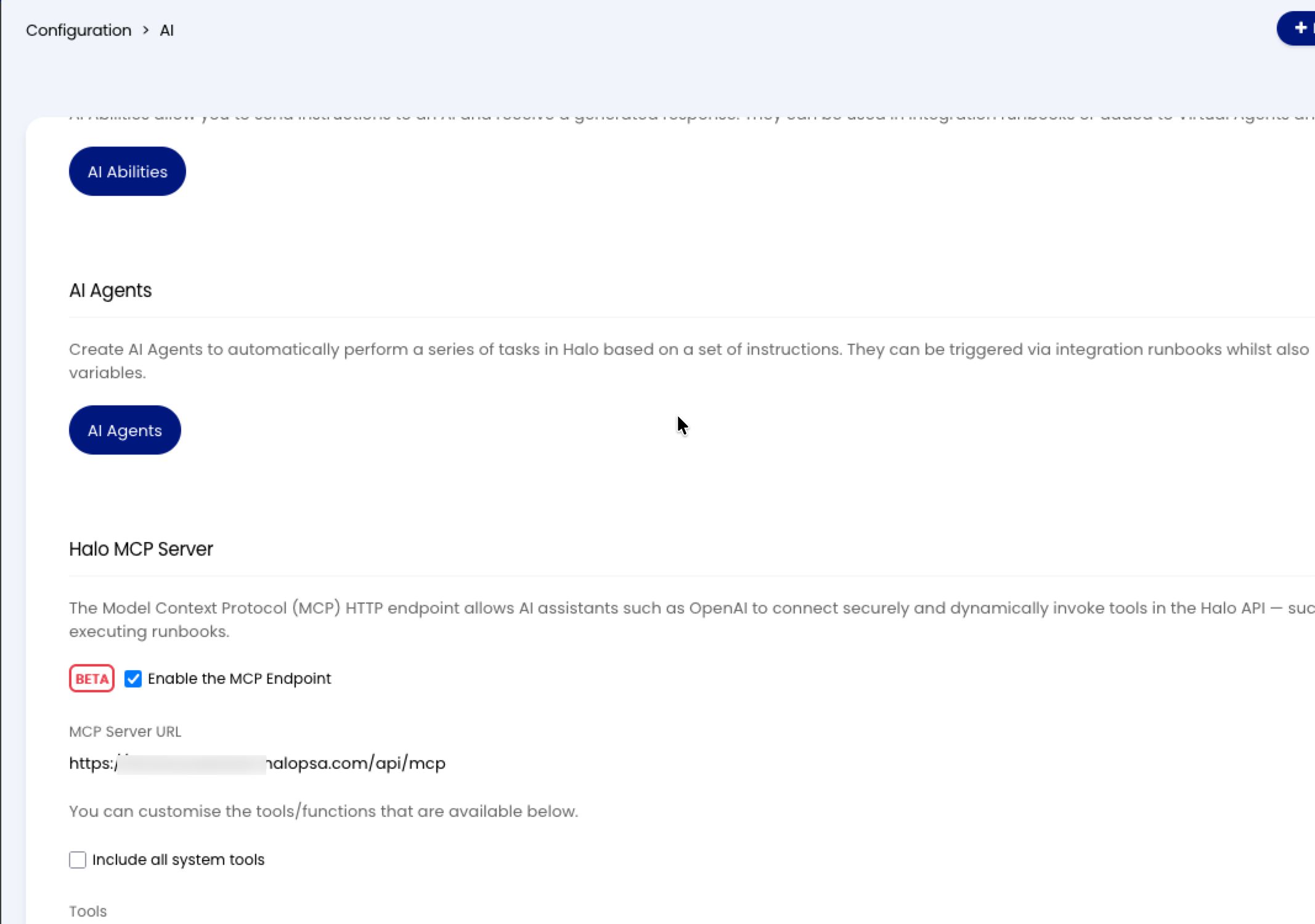 The Halo MCP Server section on the Configuration > AI page, with the Enable the MCP Endpoint setting turned on, the MCP Server URL shown, and the customizable tools list below