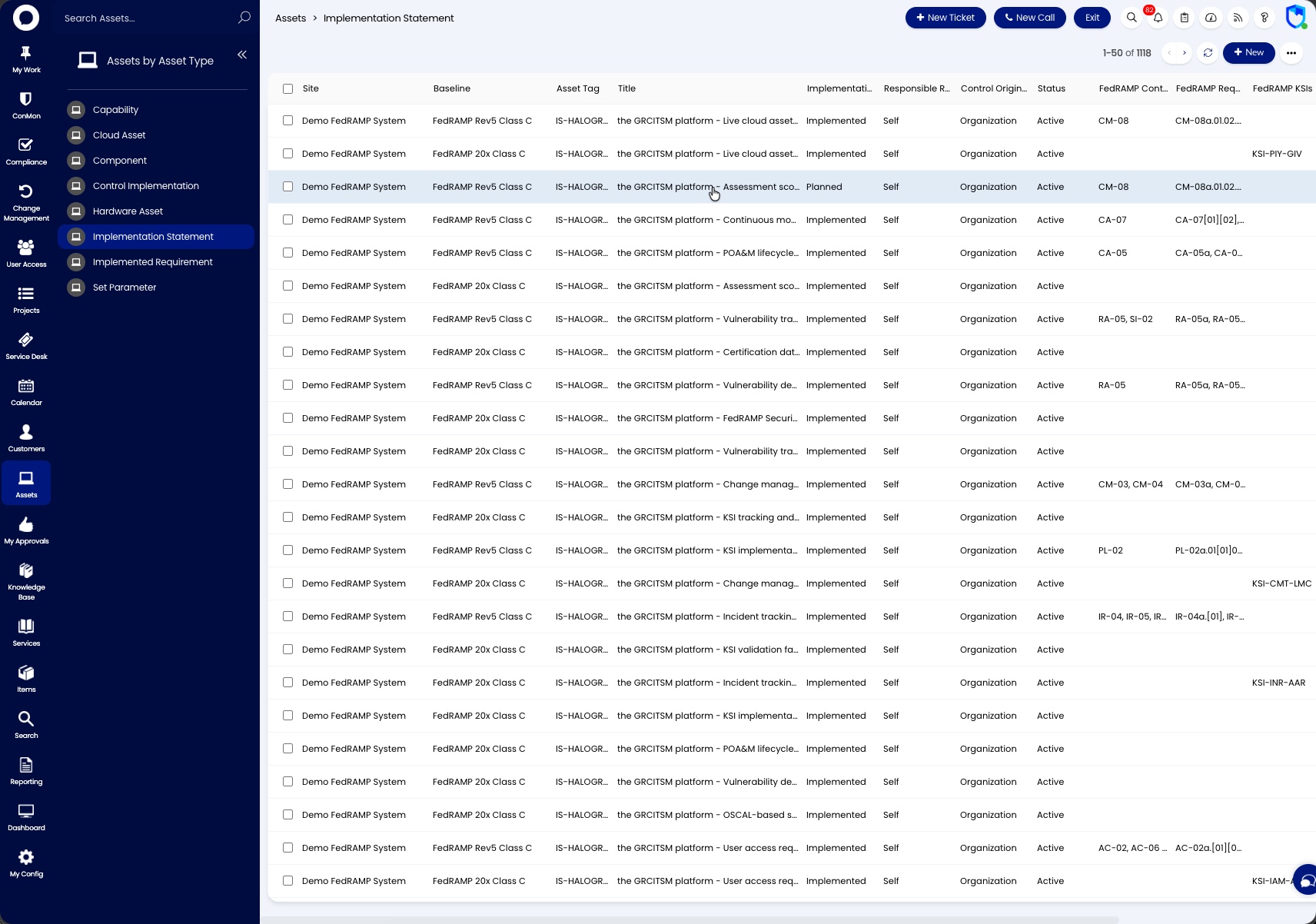 Implementation Statement assets listed by baseline, each carrying its implementation status and mapped FedRAMP controls, requirements, and KSIs