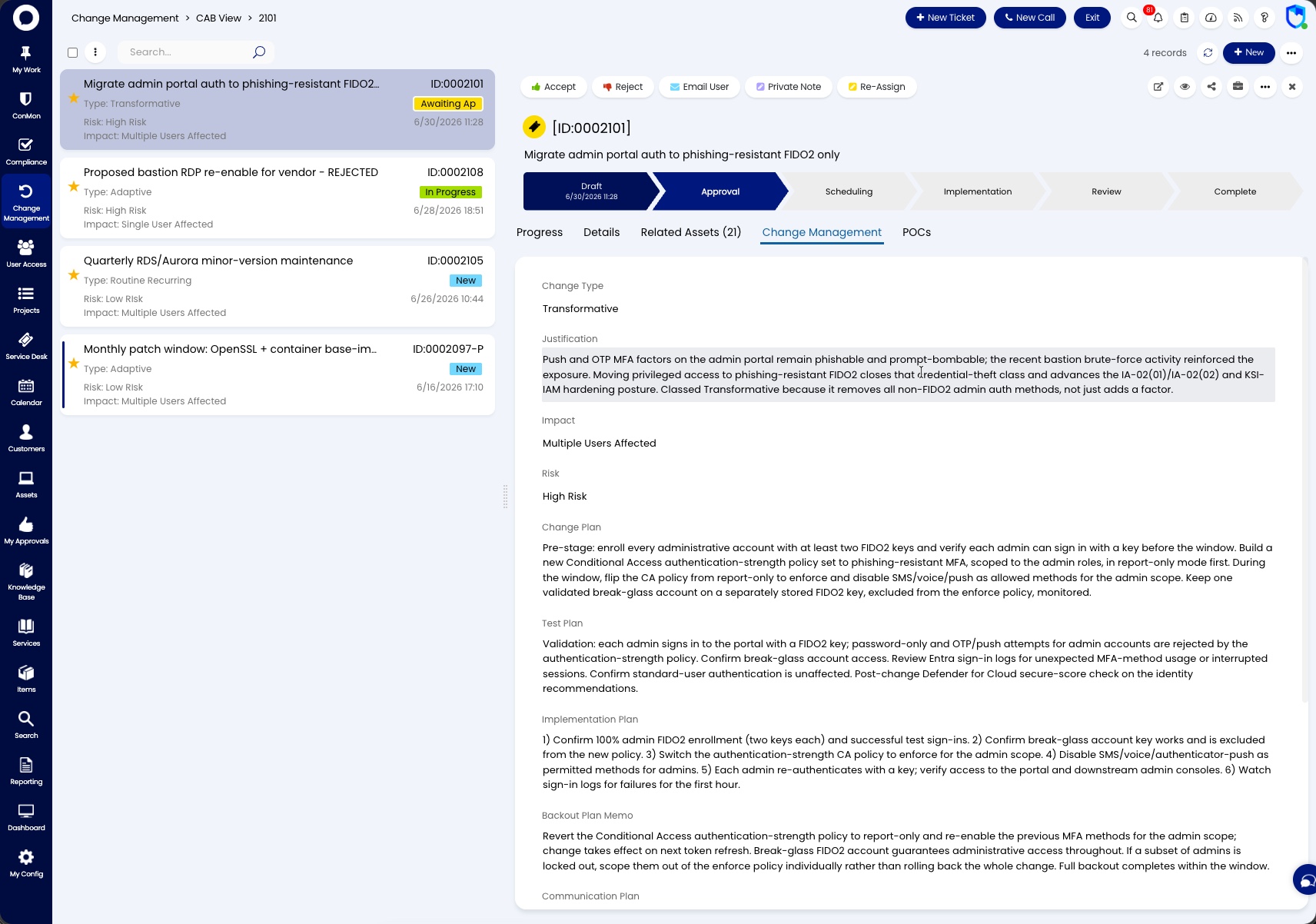 Change Management CAB view showing the change request list with types and risk, and a selected transformative change's six-stage workflow chevron, justification, impact, and plans