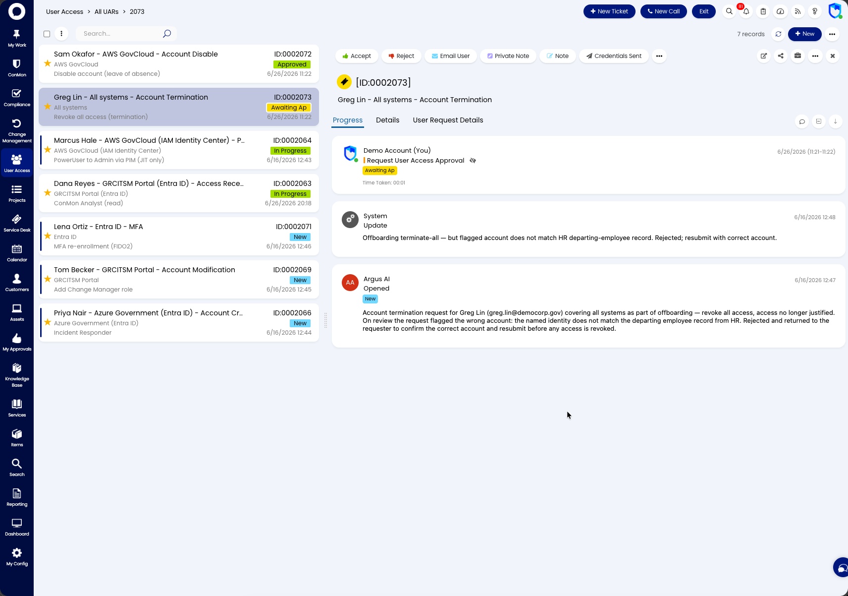 User Access Area showing the UAR list with lifecycle categories and statuses, and a selected termination request's approval progress