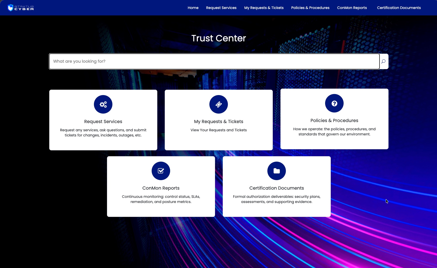 Trust Center home page showing the five surface cards: Request Services, My Requests & Tickets, Policies & Procedures, ConMon Reports, and Certification Documents